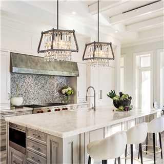 LMQNINE Farmhouse Chandelier - Black Metal Crystal Pendant Light for Kitchen, Dining, Living Room - Flat & Inclined Ceiling (Trapezoid -15.74in)