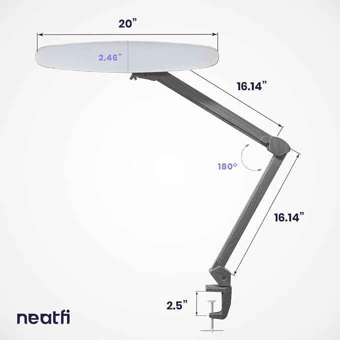 Neatfi XL 2200 Lumens 24W LED Desk Lamp – Shadow-Free Task Lighting | 4-Level Dimming | Home Office & Crafts Use | 20-Inch Wide Head (Gray Wood, Non-CCT with Clamp)