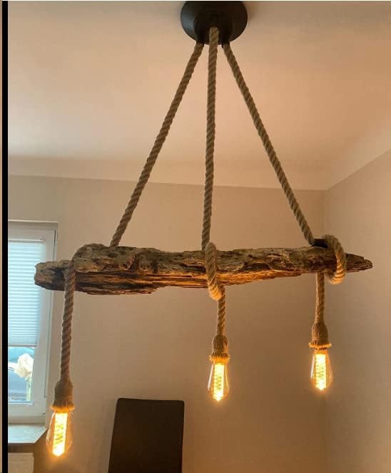 3-Light Hemp Rope Chandelier,Industrial Vintage Spider Ceiling Light Fixture,Rustic Farmhouse Hanging Pendant Light with Natural Jute Rope,E26 Base for Dining Room Kitchen Bedroom Cafe Bar