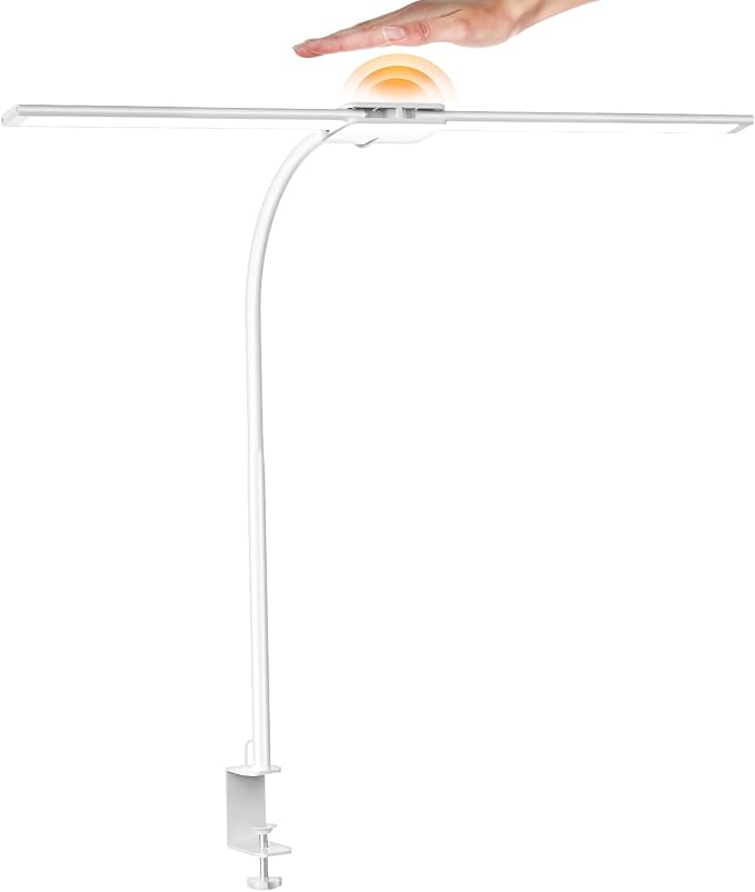 Syrinx LED Desk Lamp, Dual Head Desk Light with Clamp, Eye-Care Table Lamp | Flexible Gooseneck Task Light with Motion Sensor, Wired Control, 50 Lighting Modes, Timer & Memory Function for Home Office