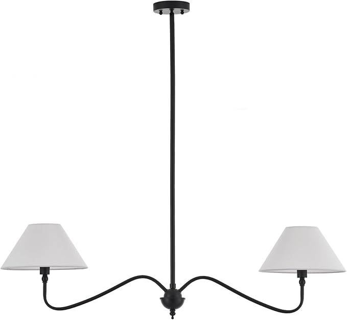 Modern Linear Chandelier for Kitchen Island, 2-Light Linear Light Fixture with Off-White Fabric Shade, Rustic Pendant Light for Dining Room