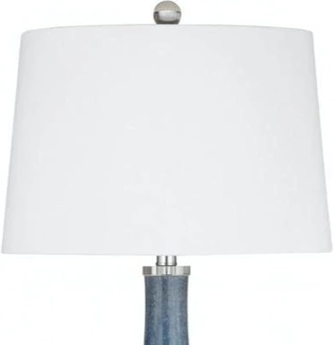 MAKLAINE Modern Table Lamp, 32 in, Blue Art Glass, White Fabric Drum Shade, 3-Way Rotary Switch, Clear 60 in Cord, Contemporary Style Lighting for Bedroom or Living Room