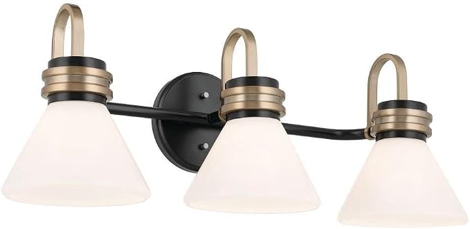 Kichler Farum 3-Light Bathroom Vanity Light, Black | Modern vanity light with opal glass and champagne bronze accents (26" x 9.5"), 55155BK