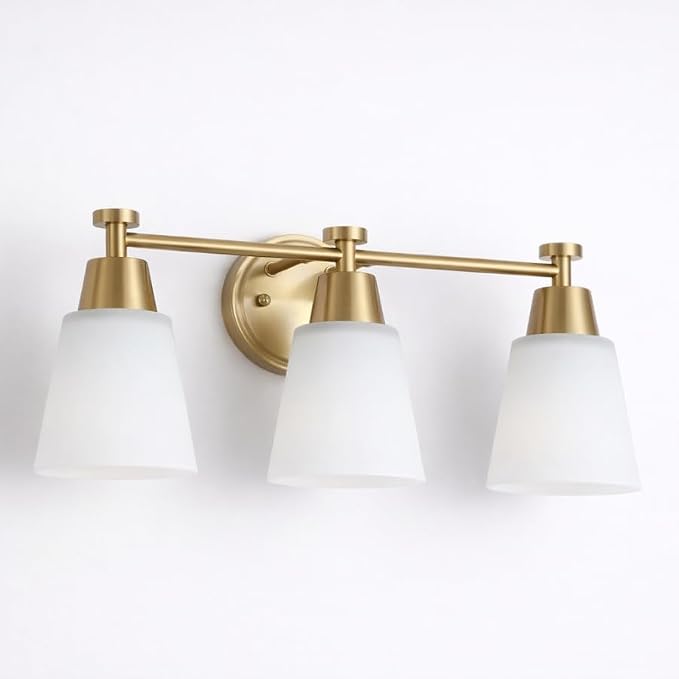 3-Light Bathroom Vanity Light, Gold Finish with Milk Glass Shades, Over Mirror, for Bathroom Vanity