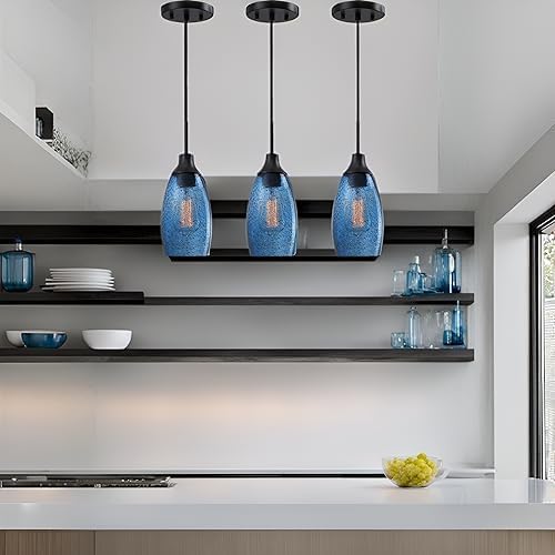 Viinew Mini Glass Pendant Light 1-Pack Dark Blue Seeded Hanging Light | Industria Glass chandeliers Blue Glass Pendant Light Oval Lamp Ceiling Pendant Light Blue Glass Pendant Light