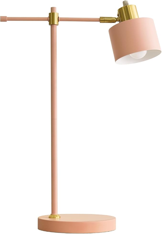 22.2" Modern Desk Lamp, Metal Table Lamp with LED Bulb, Adjustable Reading Lamps for Living Room, Mid Century Task Lamp for Home Office, Industrial Bedside Lamps with Solid Base, Pink