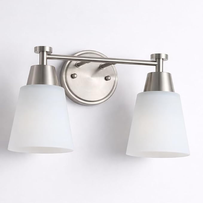 2-Light Bathroom Vanity Light, Brushed Nickel Finish with Milk Glass Shades, Over Mirror, for Bathroom Vanity