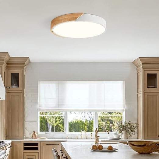 Modern Dimmable Wood Ceiling Light, White Flush Mount Ceiling Light Fixture, 5CCT Minimalist Round Ceiling Lamp for Bedroom Hallway Entryway Laundry Room Dining Room, 15.74"
