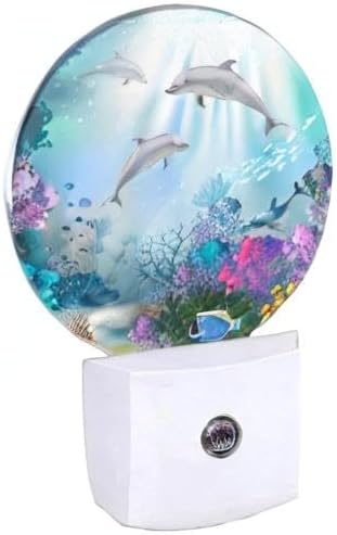 EKOBLA Dolphin Plug-in Nightlights, Blue Coastal Nightlight, Ocean Underwater World Colorful Fishes Coral in The Deep Sea Night Lights Plug into Wall Auto Sensor LED for Home Bathroom
