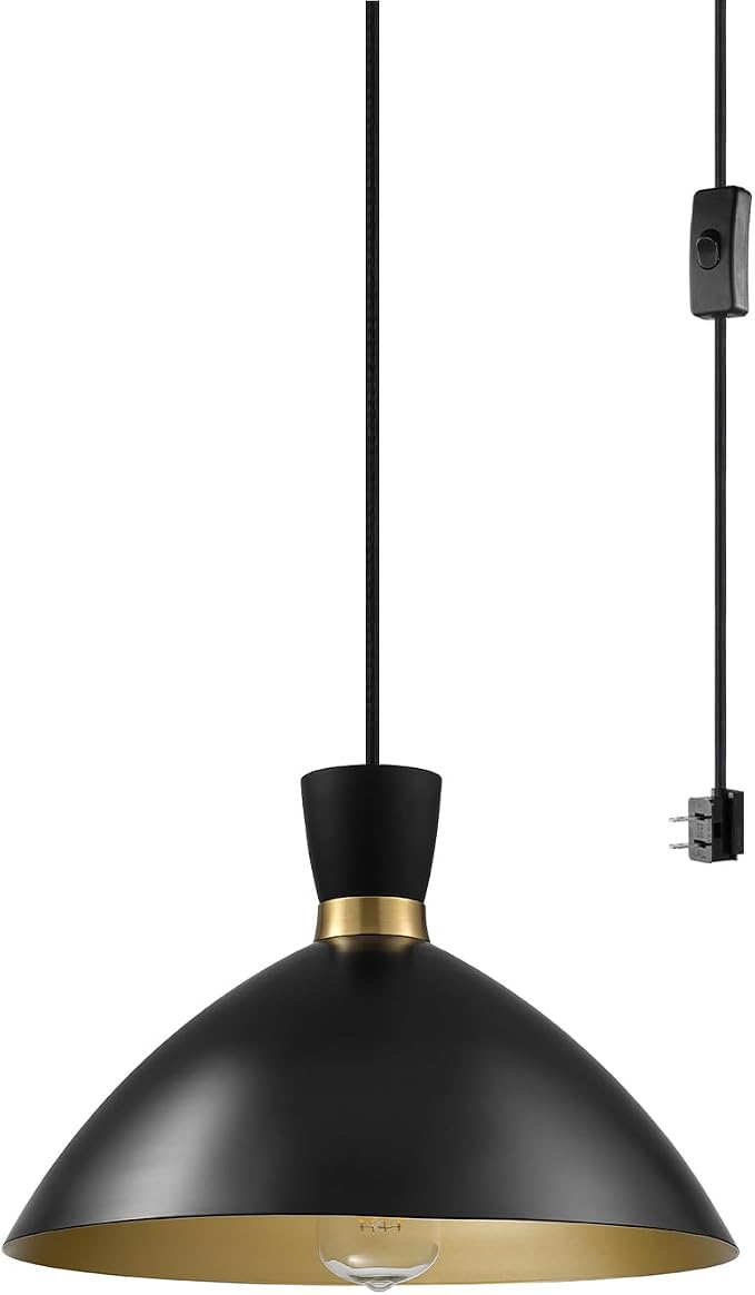 Globe Electric 1-Light Plug-in Pendant Light, Matte Black Shade with Brass Interior, in-Line Switch, Modern Kitchen Island or Living Room Lighting