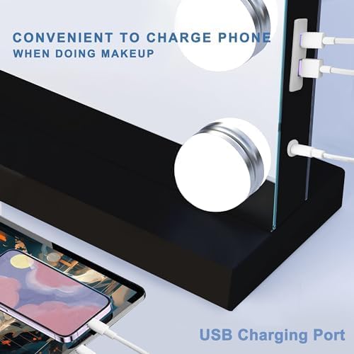 Black Hollywood Vanity Mirror with Lights, 18 Dimmable Bulbs, 3 Color Lights,Make Up Lighted Mirror, Aluminum Metal Frame, USB Charging Port(32" x 24")