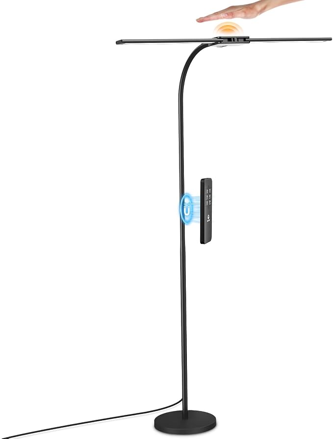 Syrinx LED Floor Lamp, 18W 2000LM Bright Floor Lamp for Office, Living Room | Focused & Wide-Area Dual Light, Flexible Neck, Eye Care, Dimmable Brightness & Color Temp, Auto Timer, Remote/Gesture Control