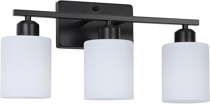 3-Light Bathroom Vanity Light Fixtures, Black Modern Vanity Light Over Mirror, Modern Wall Light with Milky White Frosted Glass Shade for Bathroom Bedroom Living Room Kitchen Hallway