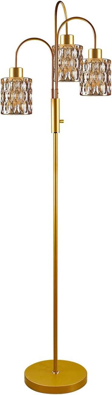 70" Glass Floor Lamp, 3-Light Gold Dimmable Standing Tall Lamp with Amber Ribbed Glass Shades &3PCS 3000K Warm White Bulbs, Modern Tree Pole Lamp for Living Room Bedroom Home Decor