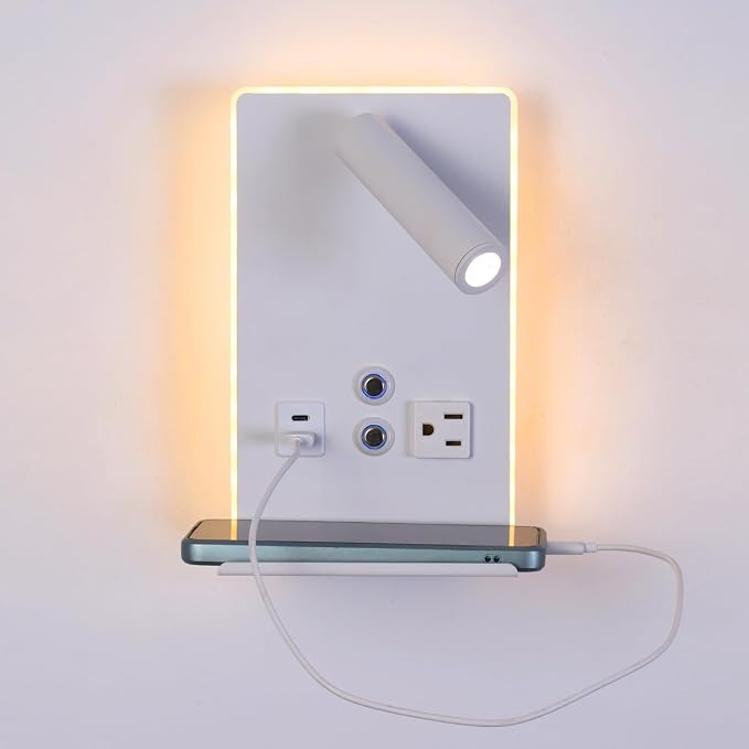 Wall Mounted Reading Light with Shelf - 3 Color Dimmable LED, 360° Adjustable Wall Lamp for Bedroom/Study, Touch Control (White)
