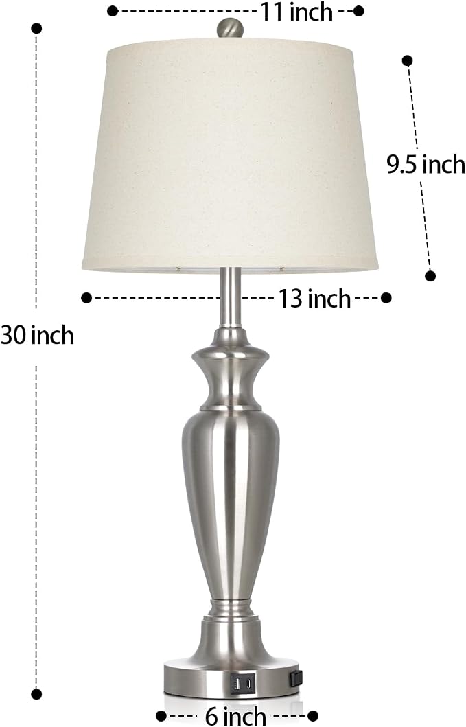 Cinyirong 30" Tall Silver Table Lamp for Living Room, 3-Way Dimmable Touch Control Bedside Lamp for Bedroom Nightstand with USB A+C Ports & AC Outlet (1 Pack)