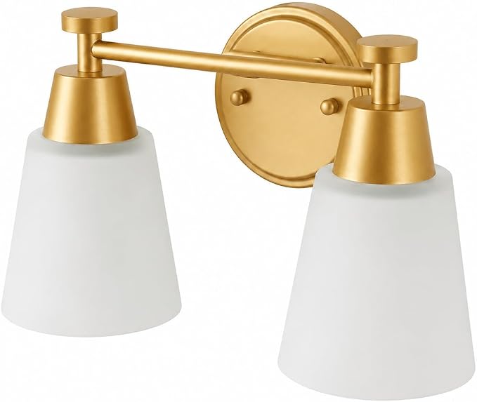 2 Light BathroomVanity Lights, Brushed Gold Wall Sconce Light with Frosted Glass, Bathroom Over Mirror Light Fixtures for Living Room, Bedroom, Hallway