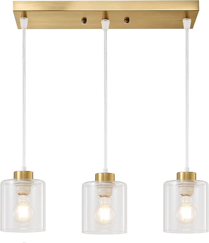 3-Light Pendant Light Fixtures with Clear Glass, Gold Hanging Light Fixture for Ceiling, Adjustable Kitchen Island Light for Dinning Room, Bedroom,Hallway, E26 Base, Bulbs Not Included