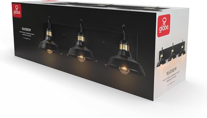 Globe Electric 63000199 24" 3-Light Vanity Light, Matte Black, Brass Accents, Exposed Bulb, Bathroom/Makeup Mirror, Wall Light