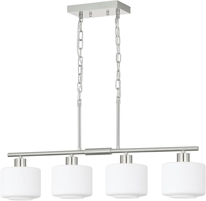 4-Light Brushed Nickel Kitchen Island Lighting, Modern Linear Dining Room Chandelier Light Fixtures with Milk Glass and Chain, Mid Century Hanging Lights for Kitchen Island, OS-YQ8153-4ISBNW