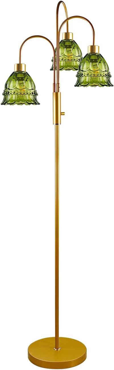 3-Light Glass Floor Lamp with Green Ribbed Glass Shades, 70" Gold Dimmable Tall Standing Lamp with 3PCS 3000K Warm White Bulbs, Modern Tree Pole Lamp for Living Room Bedroom Home Office Corner Decor