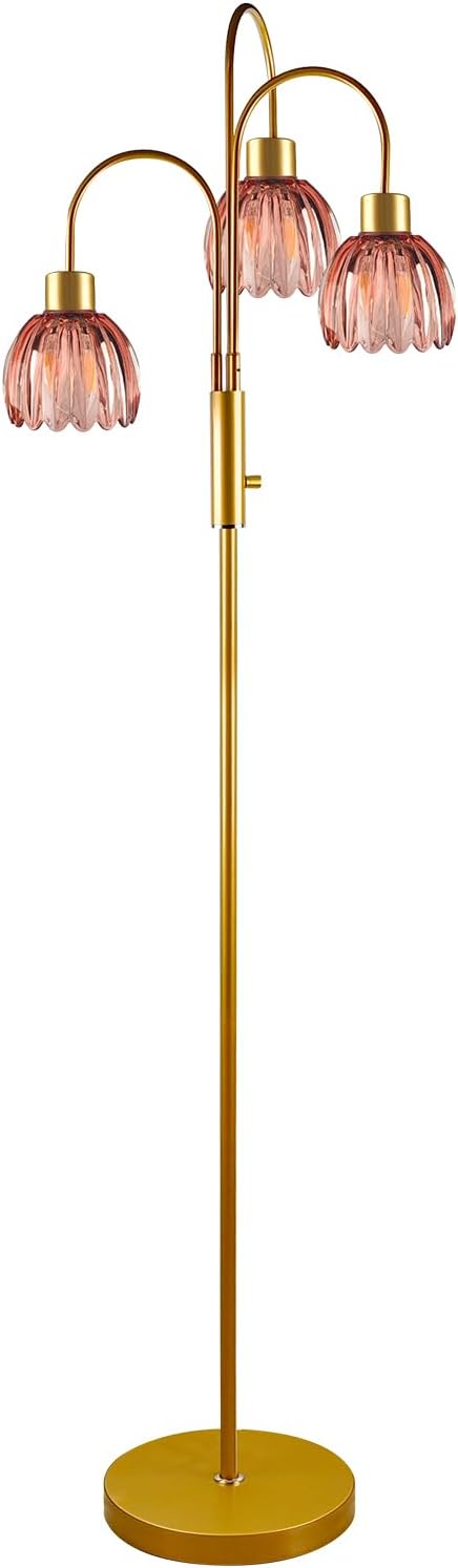 3-Light Glass Floor Lamp, 70" Gold Dimmable Standing Tall Lamp with Deep Red Ribbed Glass Shades &3PCS 3000K Warm White Bulbs, Modern Tree Pole Lamp for Living Room Bedroom Home Office Corner Decor