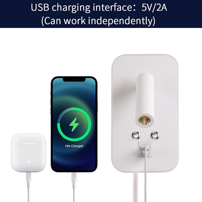 Wall-Mounted LED Bedside Reading Light with USB Charging Port, Stepless Touch Dimming, Plug-in or Hardwired Bed wall lamp for Bedroom, Night Light, Eye-Caring Bedroom Lighting, White