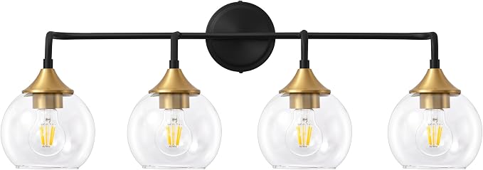 Bathroom Vanity Light 4-Light Black and Gold Vanity Lights 31" | Farmhouse Vanity Lighting Fixtures Over Mirror, Thickened Clear Glass Shade, UL E26 Dimmable Vanity Light Fixtures
