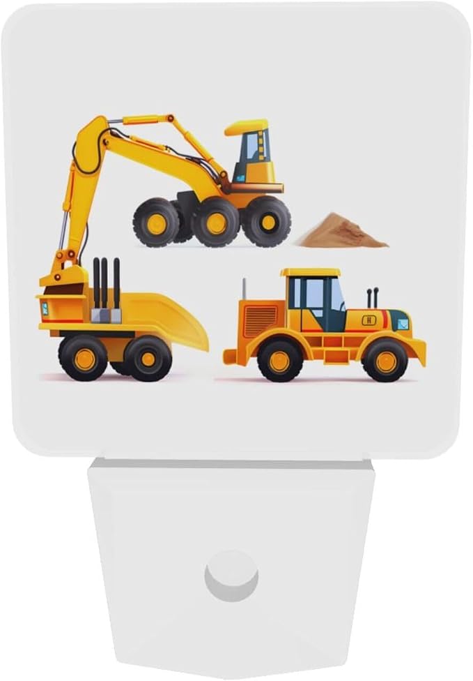 Machinery Excavator Truck and Loader LED Plug-in Night Lamp 2 Piece Set, Auto Sensor Cartoon Boy's Toy Nightlights Set of 2 for Bedroom Bathroom