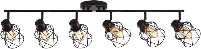 6 Lights Adjustable Multi-Directional Black Light Fixtures, Semi Flush Mount Ceiling Light, Kitchen Light Fixtures, Track Lighting Fixtures Metal Cage Industrial Spotlight Fixtures for Dining Room