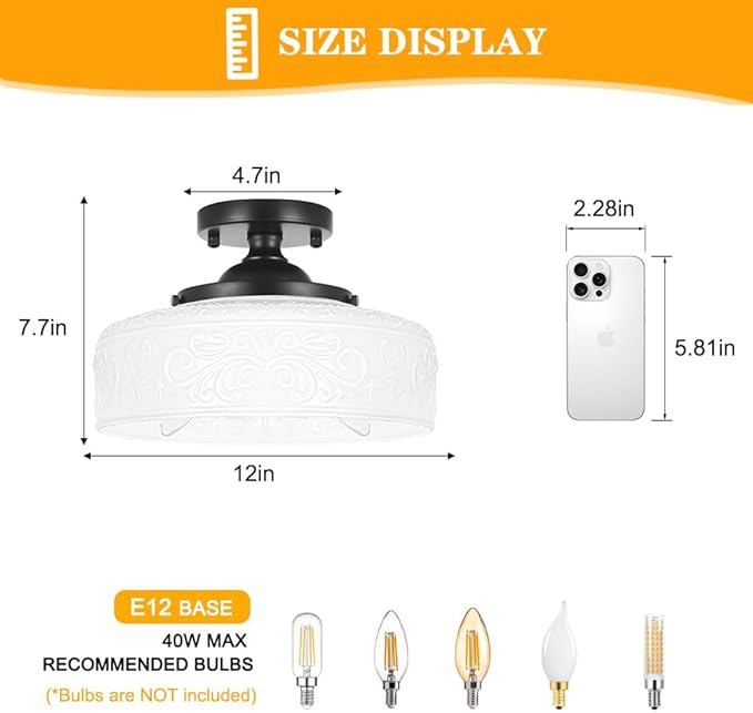 Black Semi Flush Mount Ceiling Light with Hand-Carved Design - 12 Inch Vintage White Glass Shade with Etched Patterns, Easy Install 3-Light Fixture for Hallway, Kitchen, Bedroom