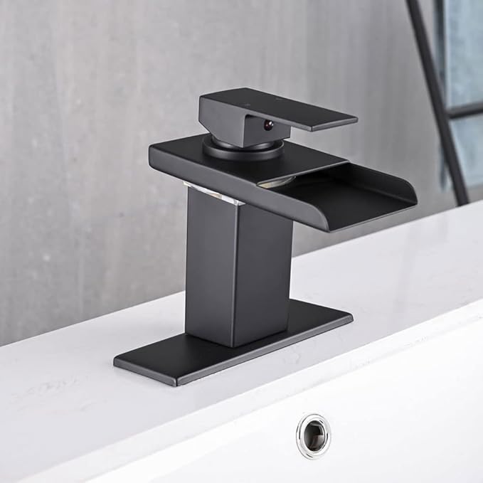 LED Bathroom Sink Faucet, Matte Black Waterfall Single Hole Handle Vanity Faucets for Sinks 1 Hole with Metal Pop Up Drain and 2 Water Supply Lines, Stainless Steel Spout