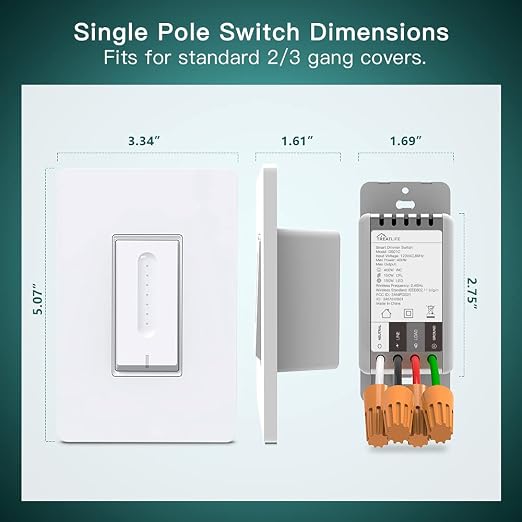 TREATLIFE Smart Dimmer Switch, Single-Pole Smart Switch for Dimmable Bulbs, 2.4GHz WiFi Smart Light Switch Works with Alexa and Google Home, APP Remote Control, Neutral Wire Required