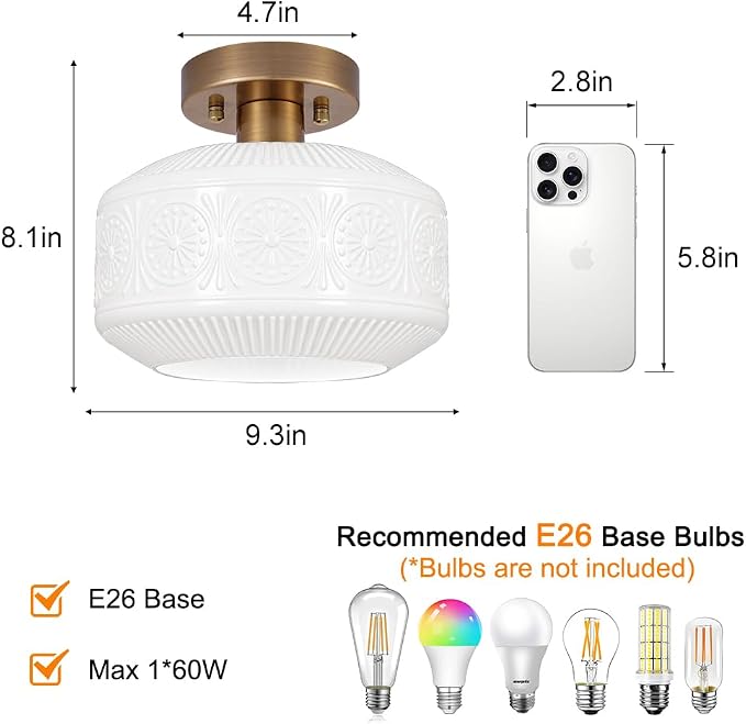 Brushed Antique Brass Semi Flush Mount Ceiling Light, Vintage Small Ceiling Light Fixture, Hallway Lighting Fixture with White Glass, Kitchen Ceiling Mount Light for Entry Way, Bedroom, Bathroom