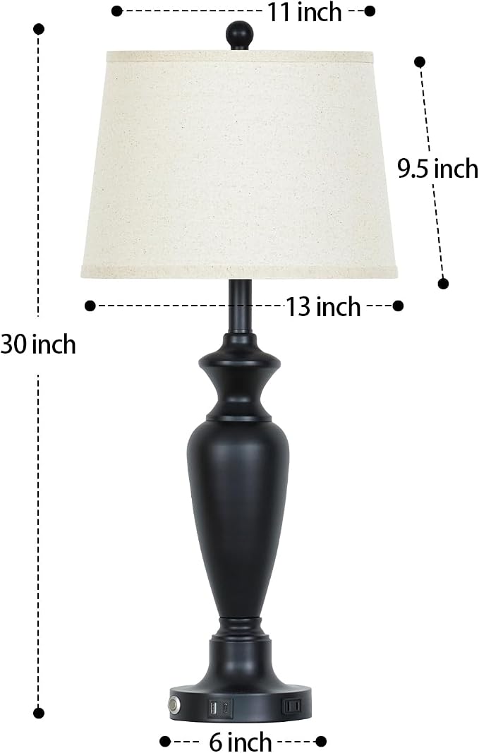 Cinyirong 30" Tall Table Lamps Set of 2, Touch Control Bedside Lamp with USB A+C Ports and AC Outlet, 3-Way Dimmable Modern Metal Nightstand Lamp for Bedroom Living Room, 2 LED Bulbs Included, Black