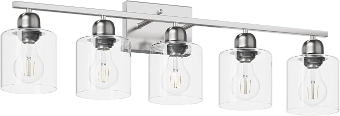 Modern Brushed Nickel 5 Light Bathroom Vanity Light, 31 inch Bathroom Light Fixtures, Vanity Lights for Bathroom with Clear Glass for Mirror Kitchen Living Room Hallway Cabinet Porch