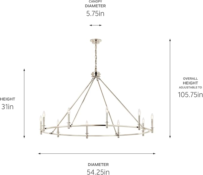 KICHLER Carrick 10-Light Chandelier, Updated Traditional Light in Polished Nickel, Sloped Ceiling Compatible, for Foyer, Great Room, Dining Room or Vaulted Bedroom (31" x 54.25"), 52707PN