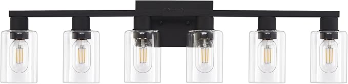 Black Bathroom Light Fixtures, 6-Light Bathroom Lighting Fixtures Over Mirror with Clear Glass Shade, Matte Black Vanity Lights, 6 Light Count Large Vanity Light Fixture for Bath, Mirror,Wall Sconce