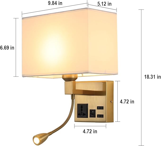 Wall Lamp for Bedroom Living Room Office Hotel, Plug in Wall Sconce with AC Outlet & USB Charging Port, Wall Mount Reading Light 360°Adjustable, Gold Headboard Lamp With 3 Color Temperature