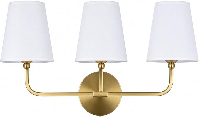Bathroom Light Fixtures,3-Light Brushed Gold Vanity Lights,Lighting Fixtures Over Mirror with White Flared Fabric Shade,Modern Wall Sconce for Bathroom,Bedroom,Living Room,E26 Socket