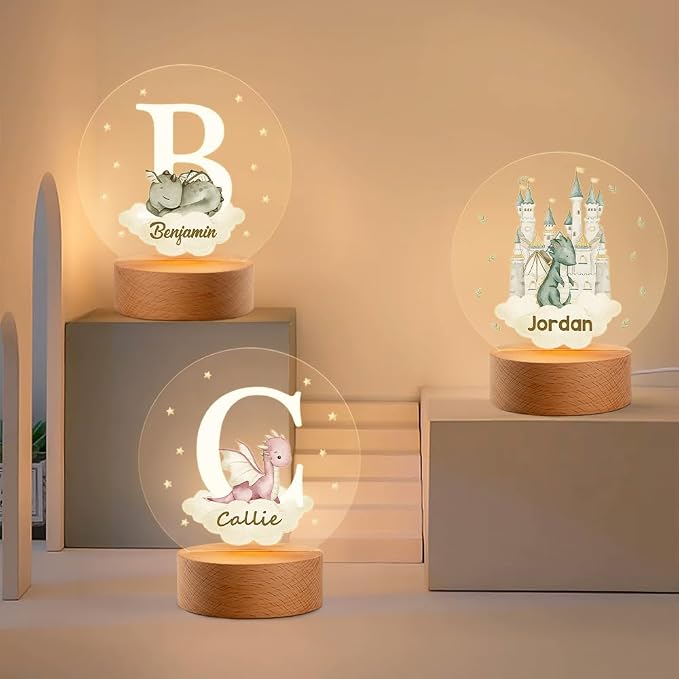 Personalized Dreamy Dragon LED Night Light Custom Name and Initial Night Light with Wooden Base Nursery Decor Gift for Kids