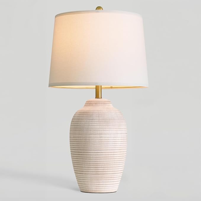 USumkky 29.5" Tall Vintage Ceramic Table Lamp with 5FT Cord - Single Large Rustic Farmhouse Bedside Lamp with Linen Shade & Natural Textured Finish, Nightstand Table Lamp for Bedroom End Table, Beige