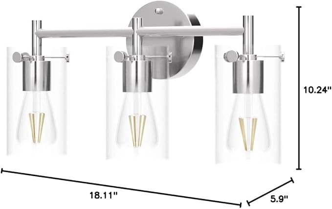 3-Light Brushed Nickel Bathroom Vanity Light Fixtures, Clear Glass Shade Wall Sconces for Mirror, Bedroom, Living Room, Hallway