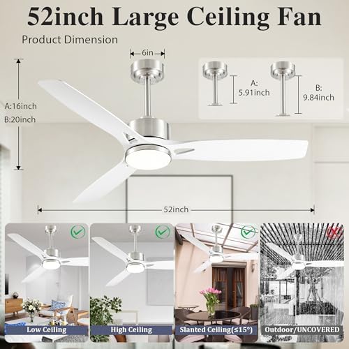 52 Inch Ceiling Fans with Lights and Remote Control - Outdoor Indoor Flush Mount Low Profile Silver White Ceiling Fans for Living Room,Bedroom,Patio