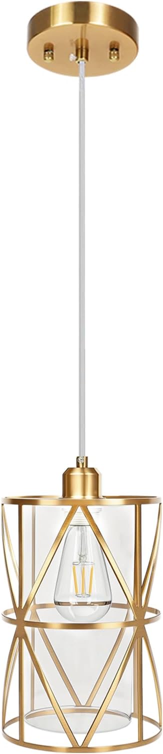 5.4"×7.9" Brushed Gold Pendant Light, Modern Kitchen Pendant Lighting Over Island, Pendant Lighting with Clear Glass Shade, Glass Pendant Lights Kitchen Island, Foyer, Dining Room, Entryway