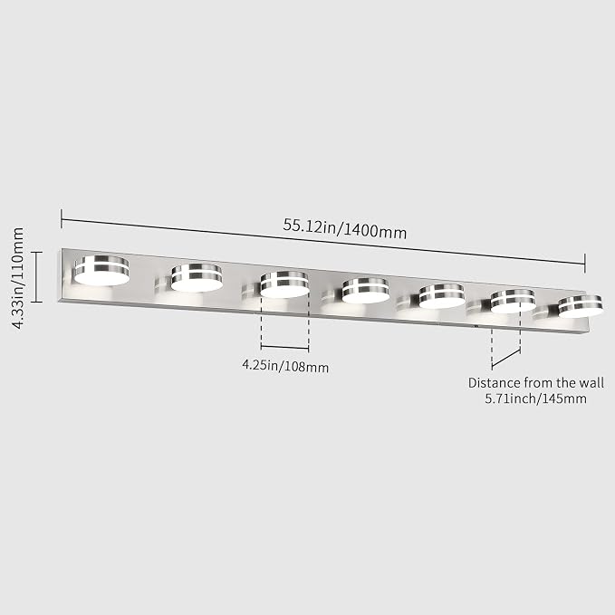 Modern Bathroom Light Fixtures Over Mirror 7 Light Vanity Light | 55.12in 42W LED Dimmable Bath Lights, Wall Mounted Lighting Fixture with Rotating Lamp Head, Acrylic Metal, 5CCT Dimmable