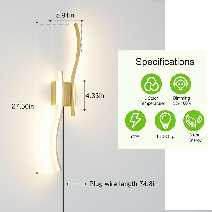 Daunton Modern Plug in Wall Sconce Set of 2, Gold Dimmable LED Wall Light with Remote Control, 3CCT Adjustable & Memory Function, Timer, Plug in Cord Wall Lamp for TV Wall Living Room Hallway Bedroom