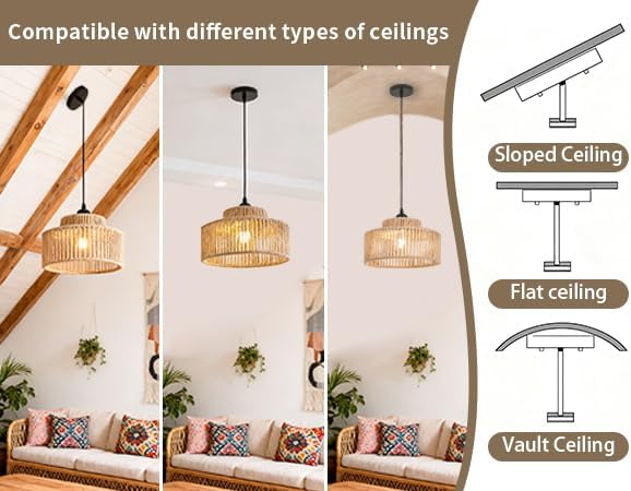 Rattan Pendant Light,11 Inch Boho Kitchen Island light Fixtures,Handmade Woven Hanging Lamp,Wicker Small Chandelier,Coastal Hanging Lights for Bedroom Kitchen Living Room Hallway Restaurant Foyer