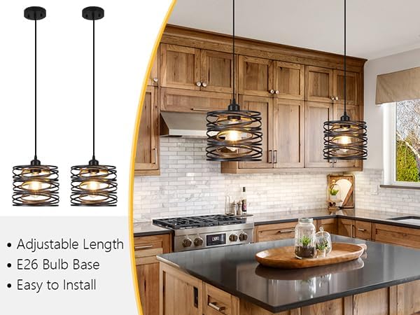 Pendant Lights Kitchen Island - Metal Hanging Light Fixtures Wood Farmhouse Pendant Lighting for Dining Room Bedroom Bar Office, Industrial Black, 2 Pack - ETL Certified