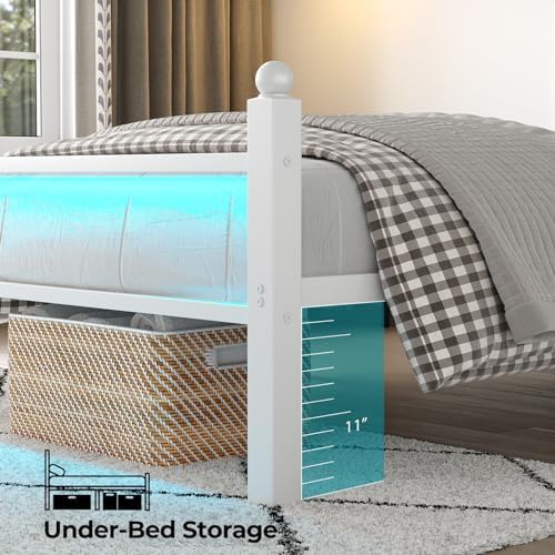 CollaredEagle Bed Frame with Headboard and Footboard, Metal Bed Frame with Charging Station and LED Lights, Under Bed Storage, No Box Spring Needed,Noise Free, Black (White, King (U.S. Standard))